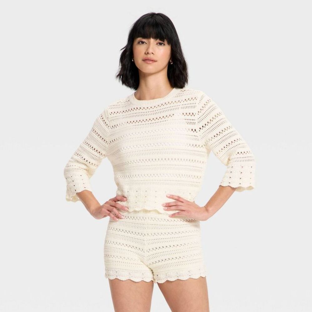 Women's Quarter Sleeve Openwork Crewneck Pullover Sweater - Cream XS